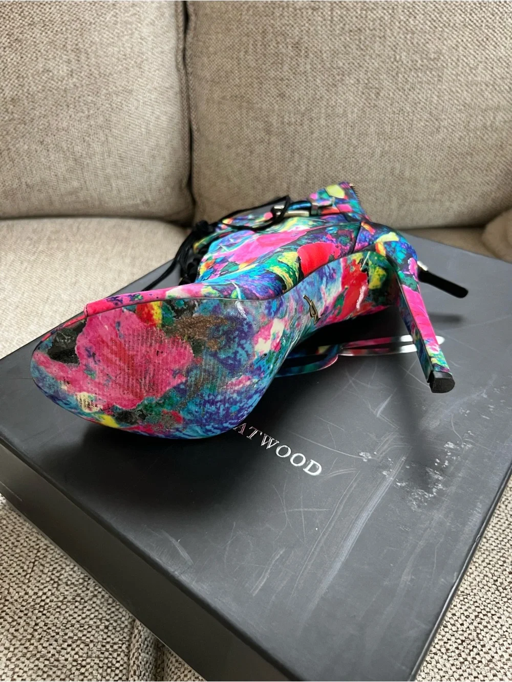 Brian Atwood Multicolor Floral Lace-Up Peep-Toe Stiletto Bootie